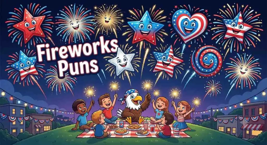 Funny fireworks cartoon celebrating holiday