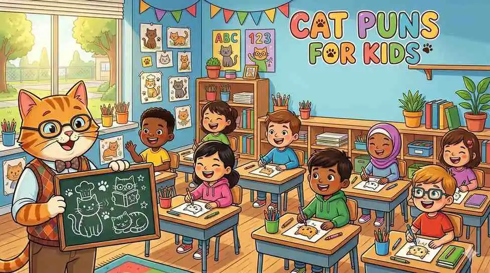 Kids learning cat puns in classroom
