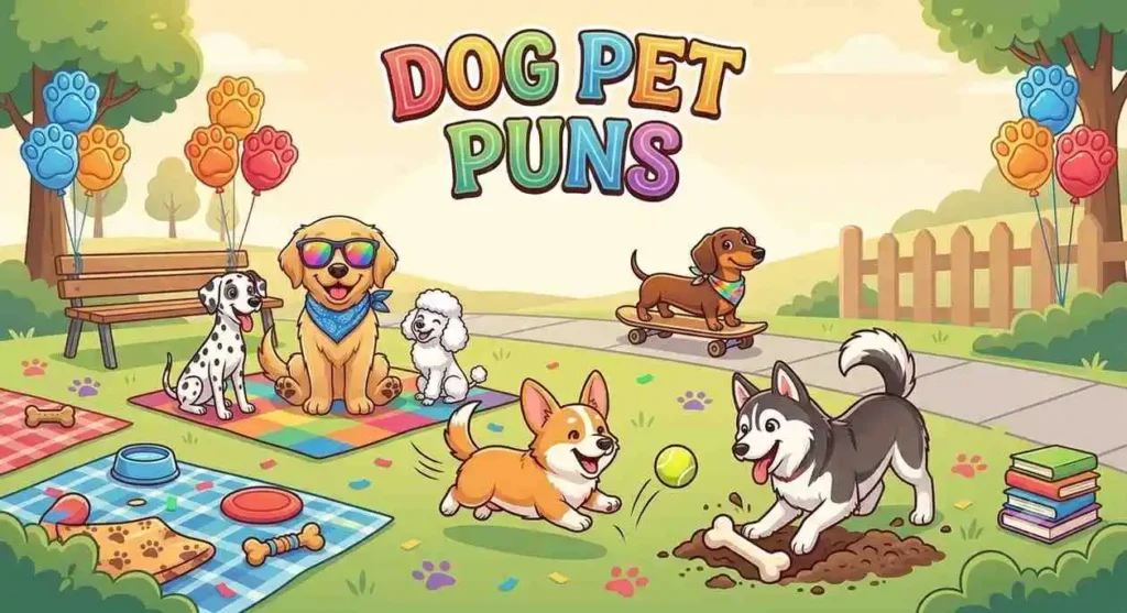 Playful cartoon dogs in a sunny park