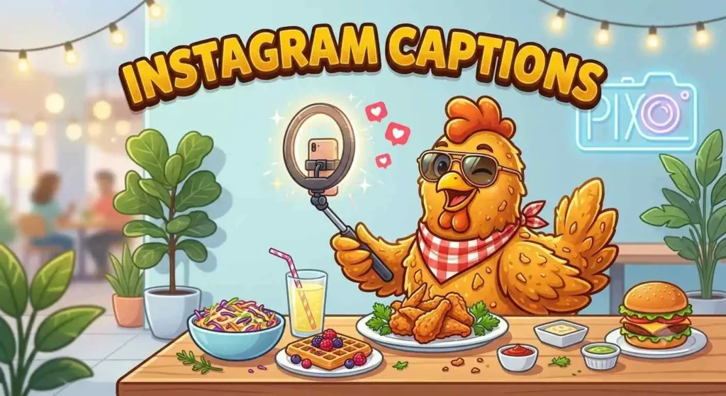 Cartoon fried chicken taking selfie