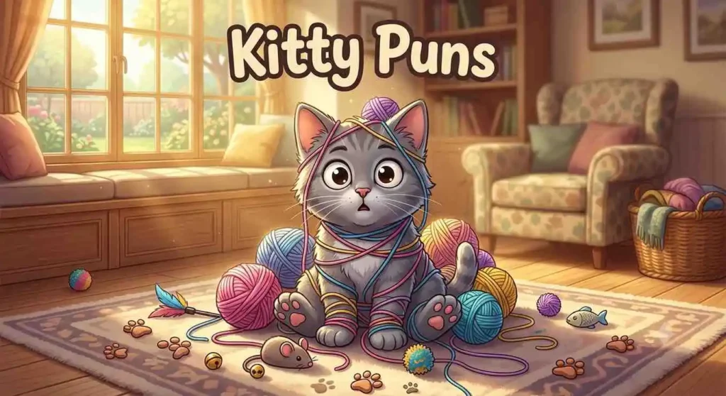 Playful kitten tangled in yarn