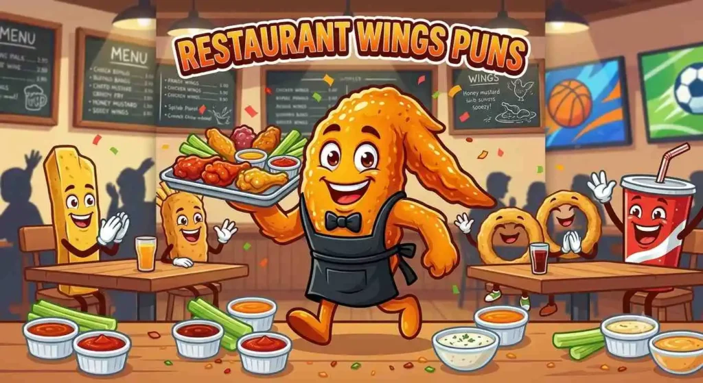 Funny restaurant wing mascot serving