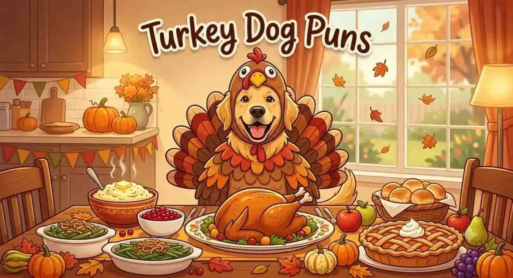 Dog in turkey costume at Thanksgiving feast