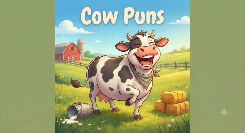 Cartoon cow laughing on farm