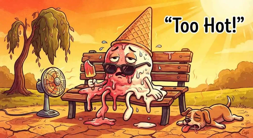 Ice cream character melting in sun