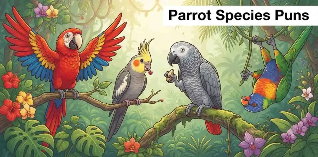 Different parrots on branches