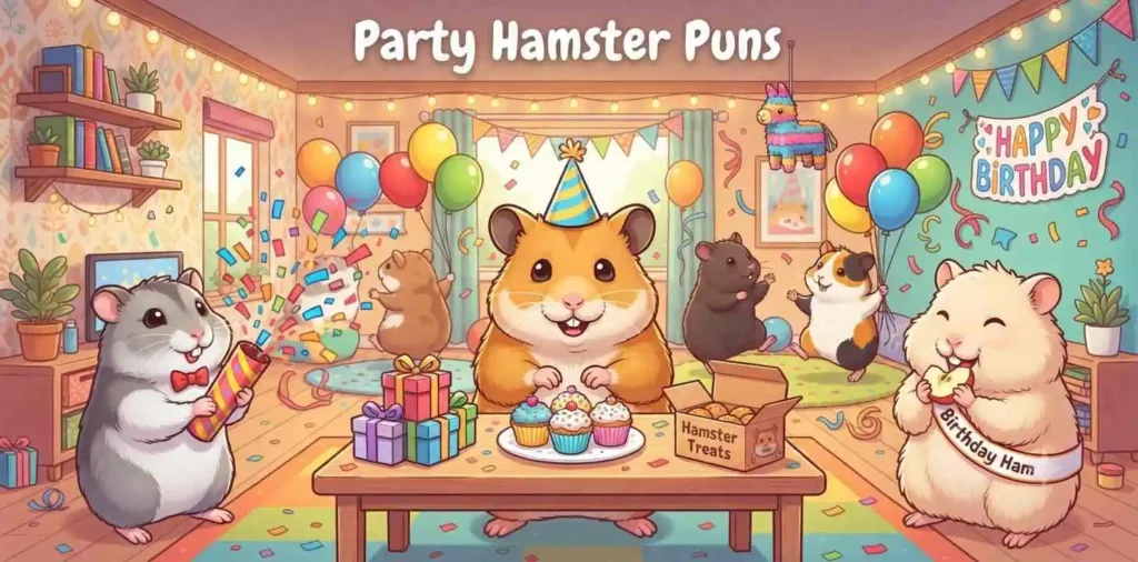 Hamster celebrating with balloons
