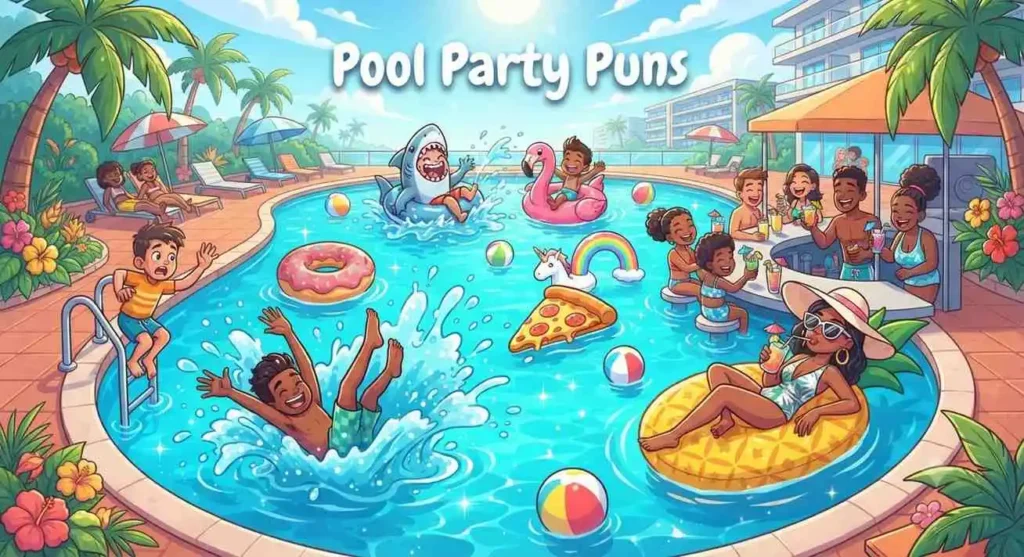 Funny pool party summer cartoon