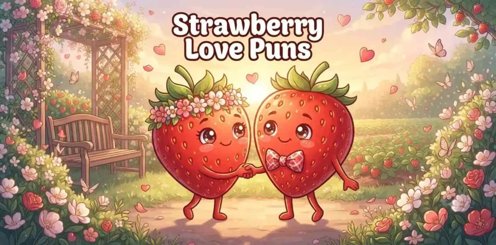 Two strawberries sharing hearts