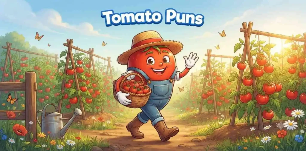 Smiling tomato holding basket