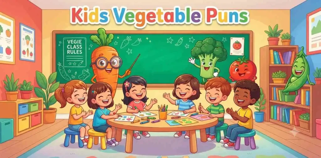 Kids with smiling vegetables