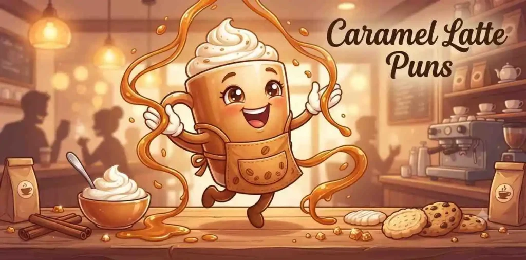 Happy caramel latte mascot