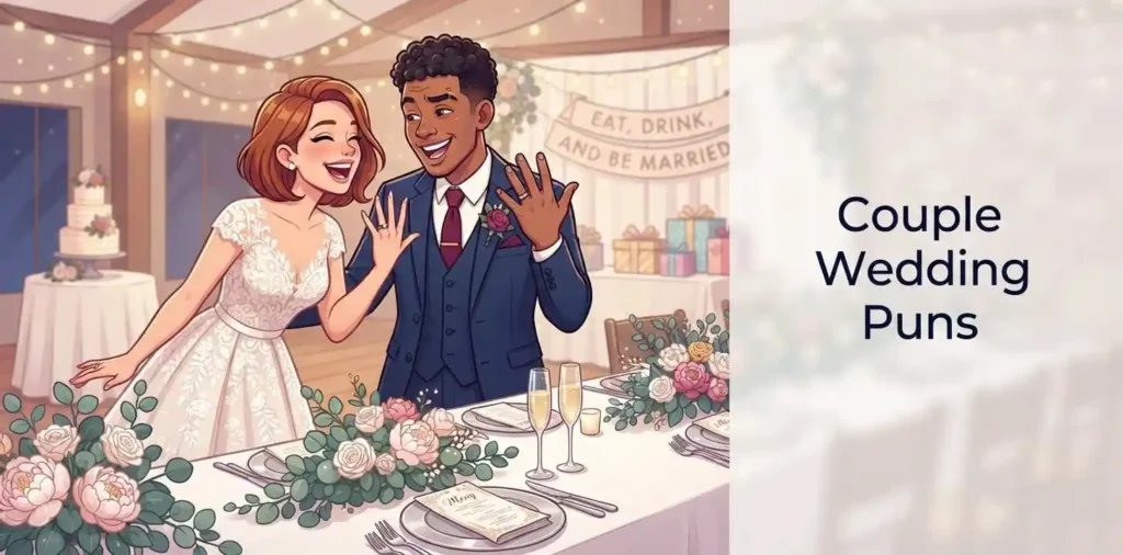 Newlywed couple sharing wedding humor