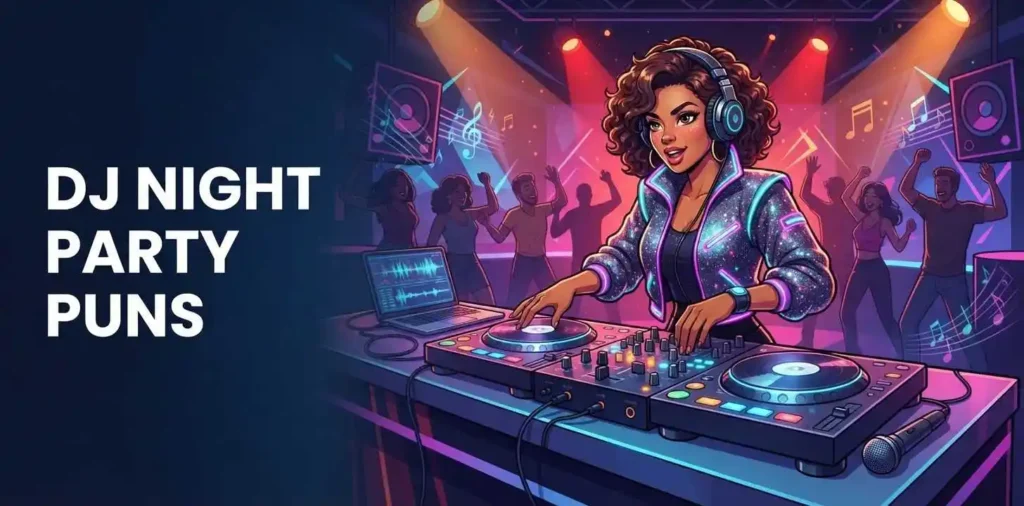 Funny night party puns illustration