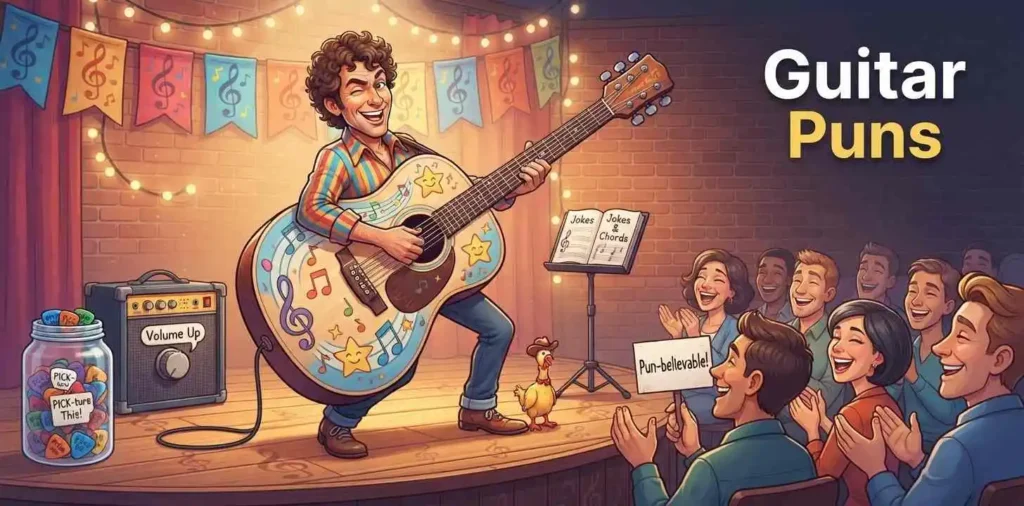 Funny guitarist playing guitar
