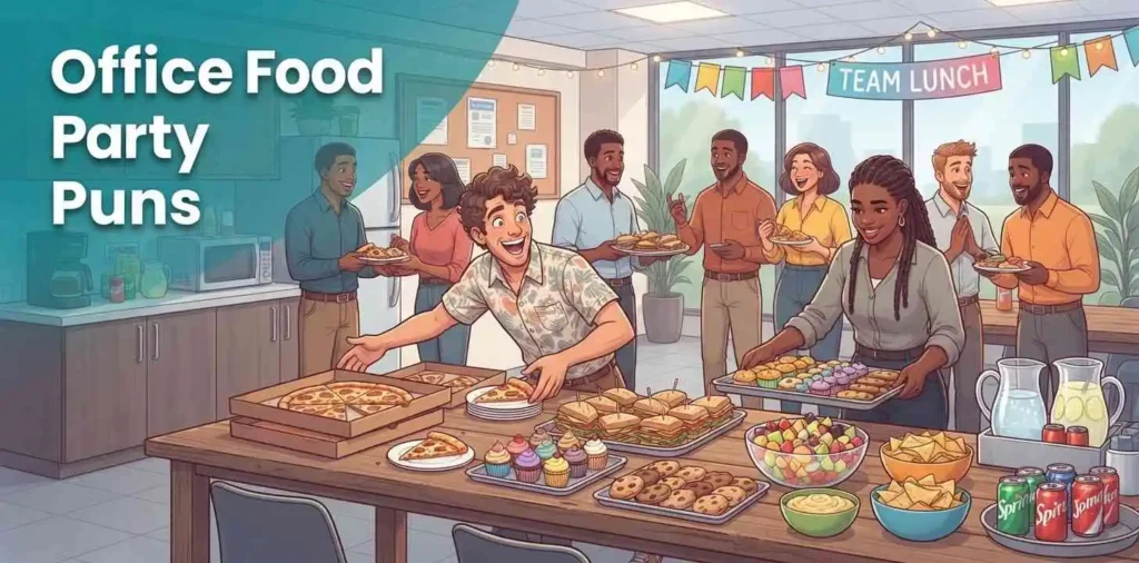 Coworkers enjoying office food party
