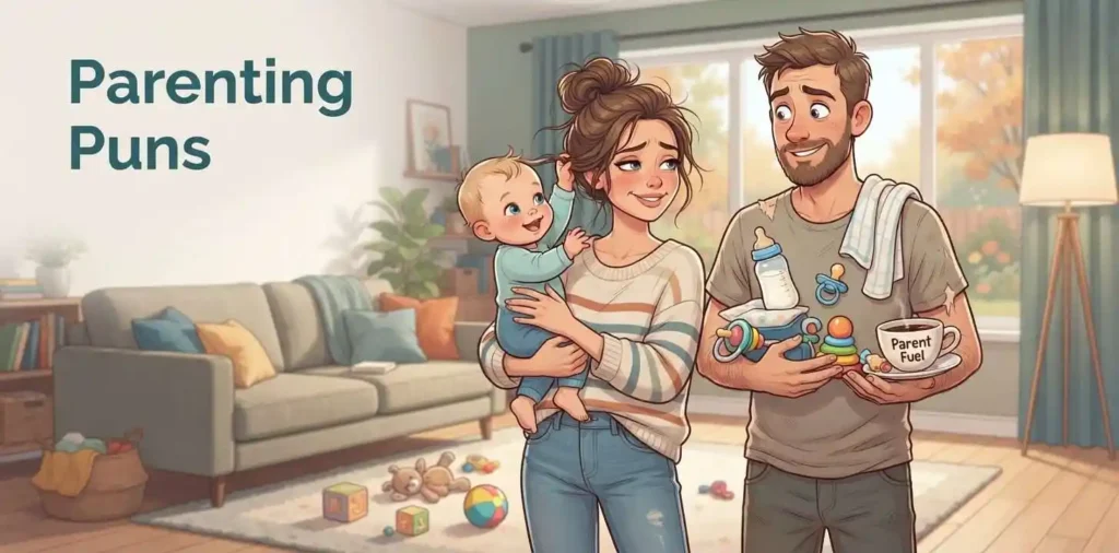 Funny parents with baby illustration