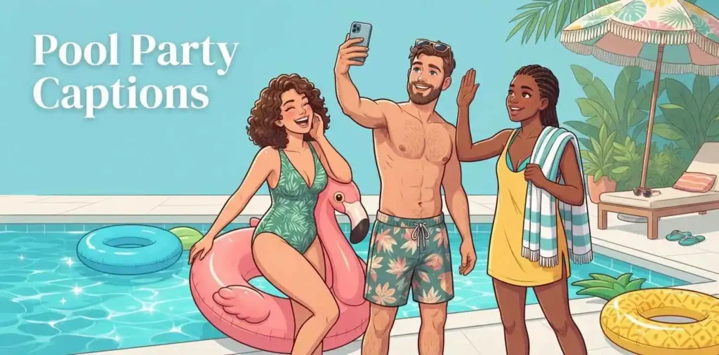 Pool party social caption fun