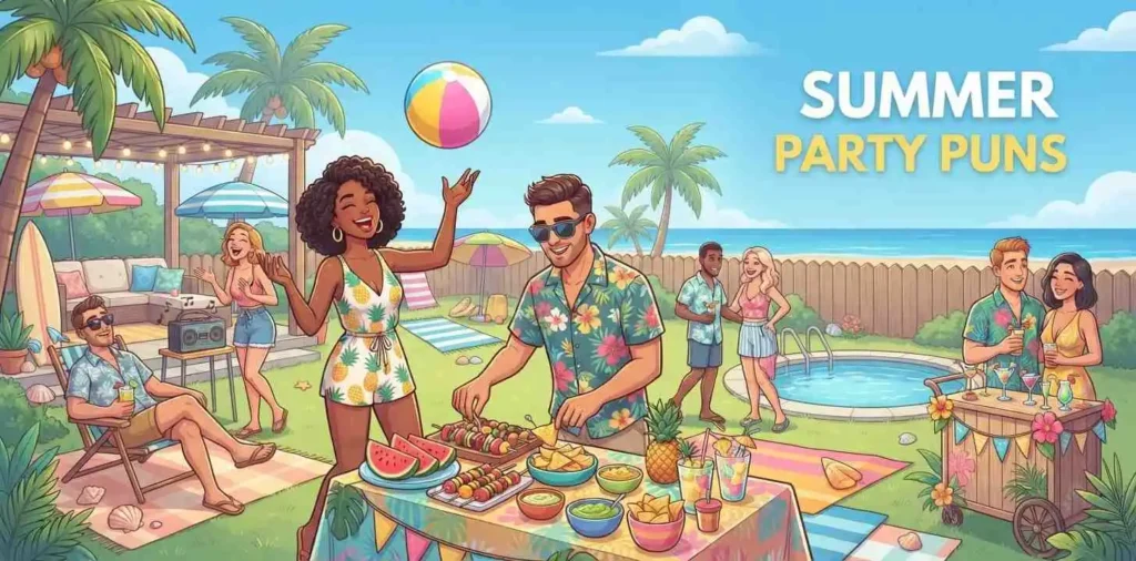 Adults enjoying colorful summer party
